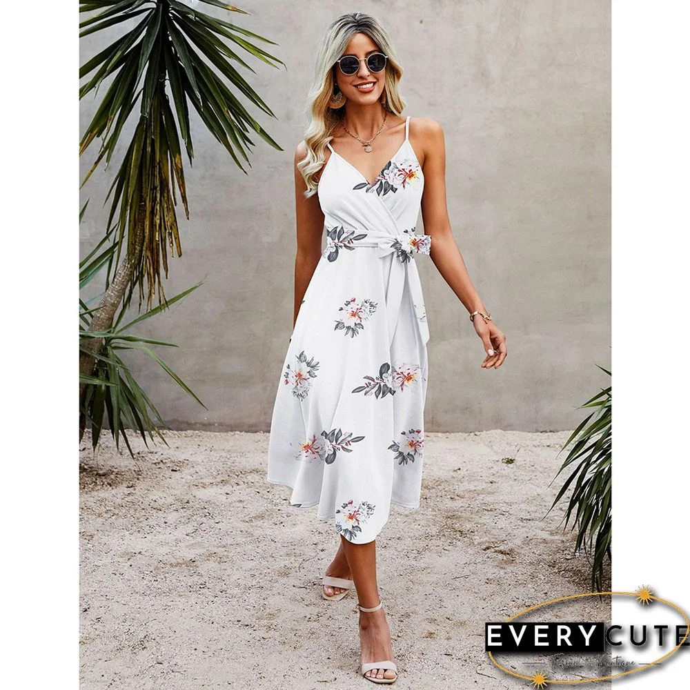 White Floral Print Spaghetti Straps Tie Waist Midi Dress