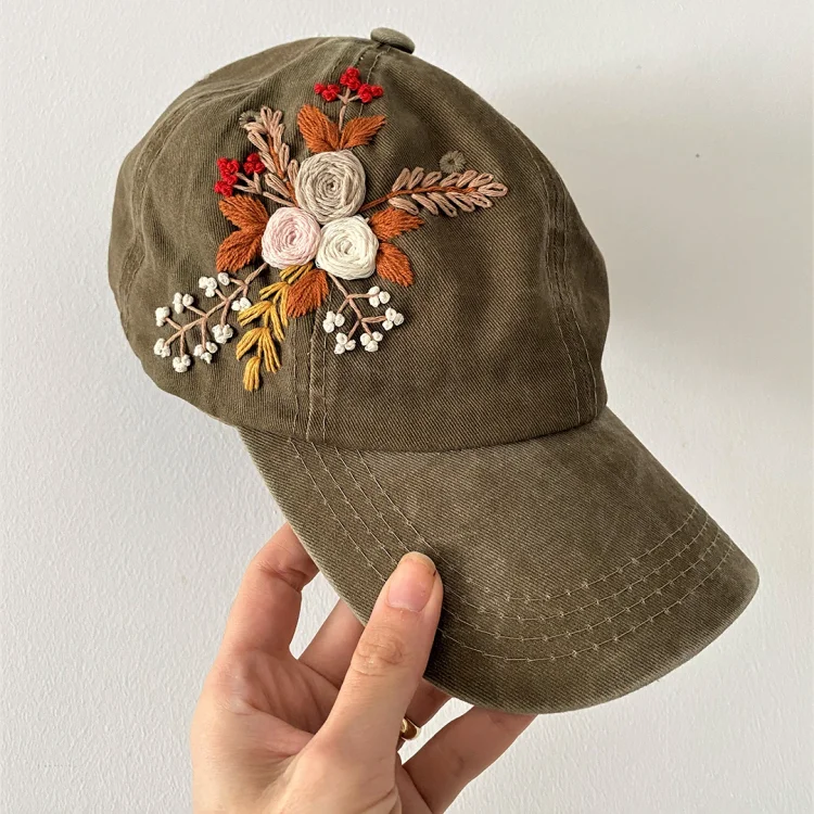 100% Hand Embroidered Flower Baseball Cap, Custom Embroidered