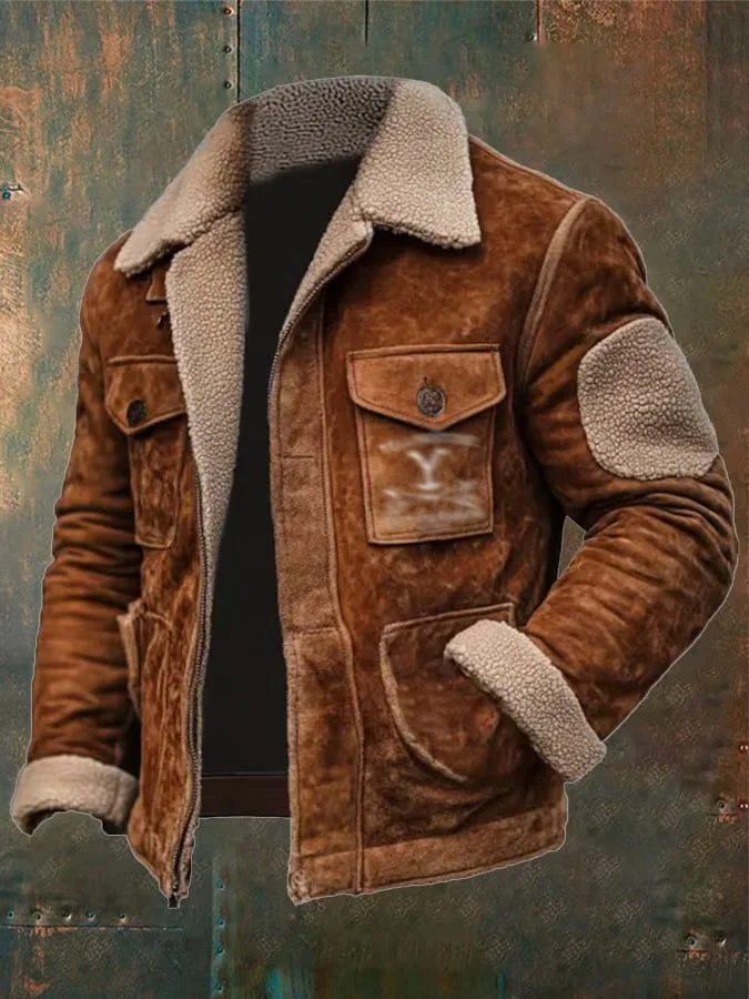 Men's Vintage Suede Patchwork Lamb Fleece Multi-Pocket Reverse Collar Outdoor Jacket