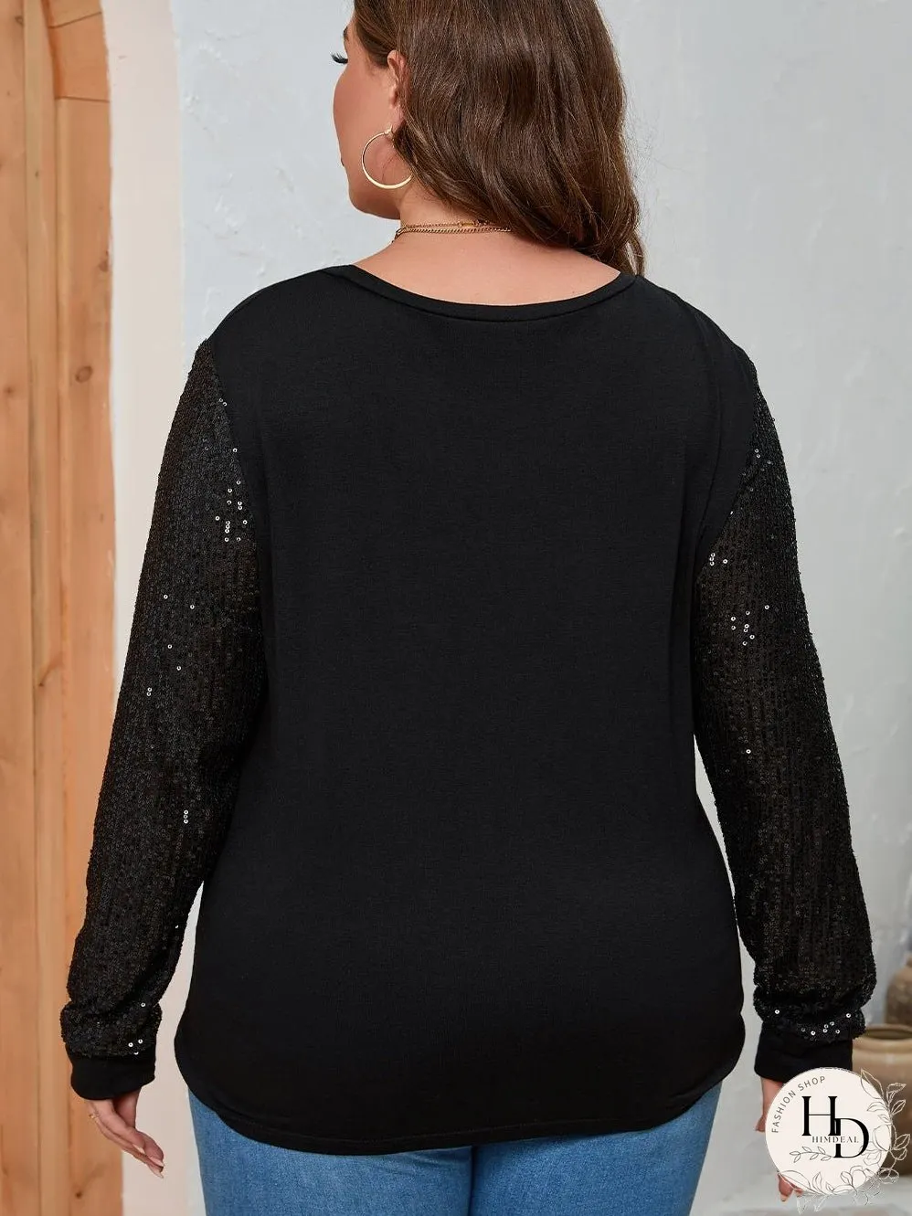 Black Sequin Contrast Long Sleeve Plus Size Top