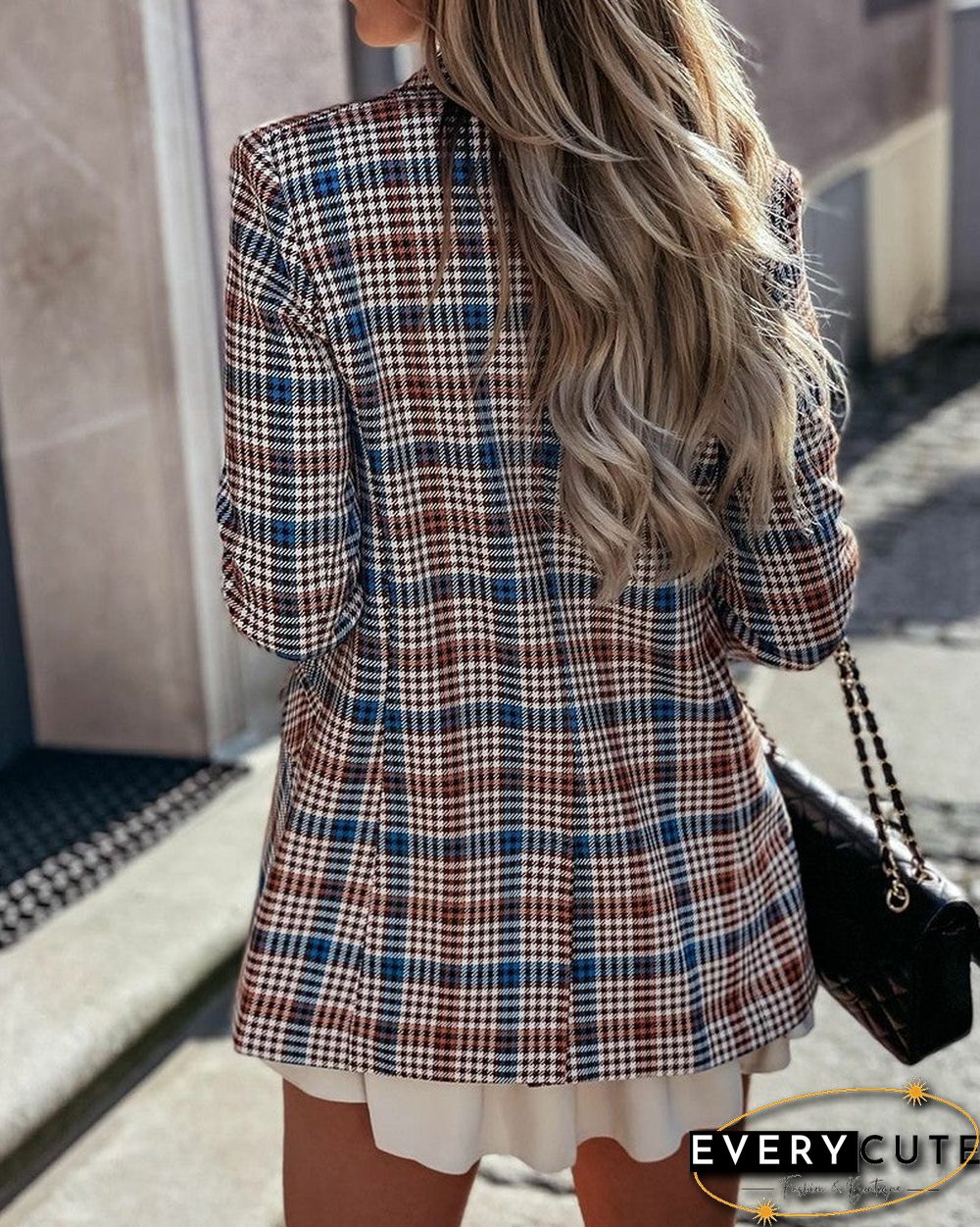 Plaid Lapel Collar Double Breasted Flap Detail Blazer