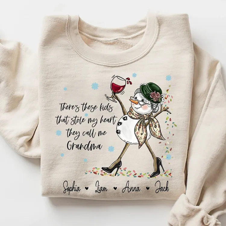 Personalized Grandma Sweatshirt with Grandkids Names | They Stole My Heart Snowman Grandma Crewneck
