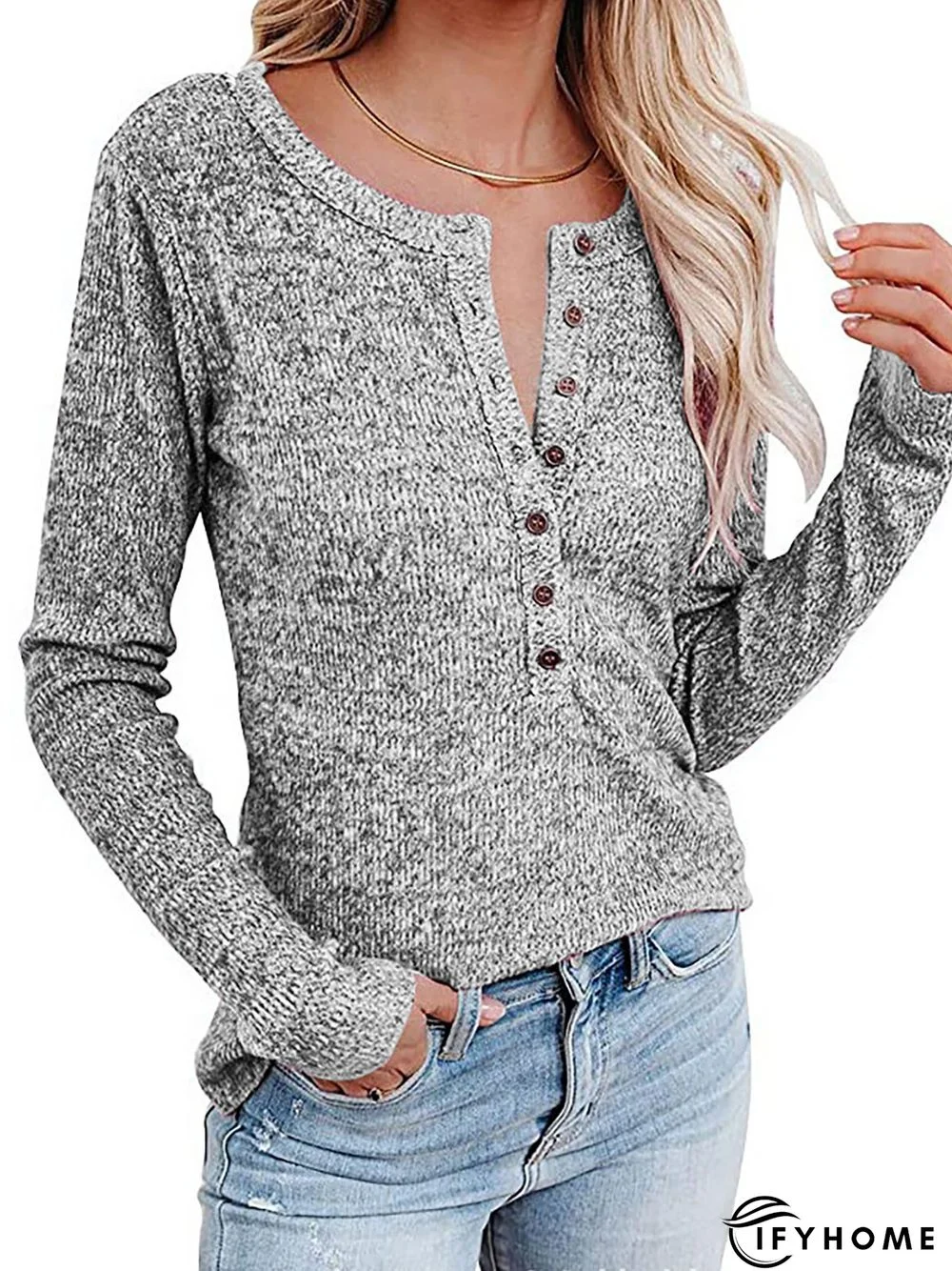 V Neck Casual Regular Fit Solid Knitted Shirts & Tops | IFYHOME