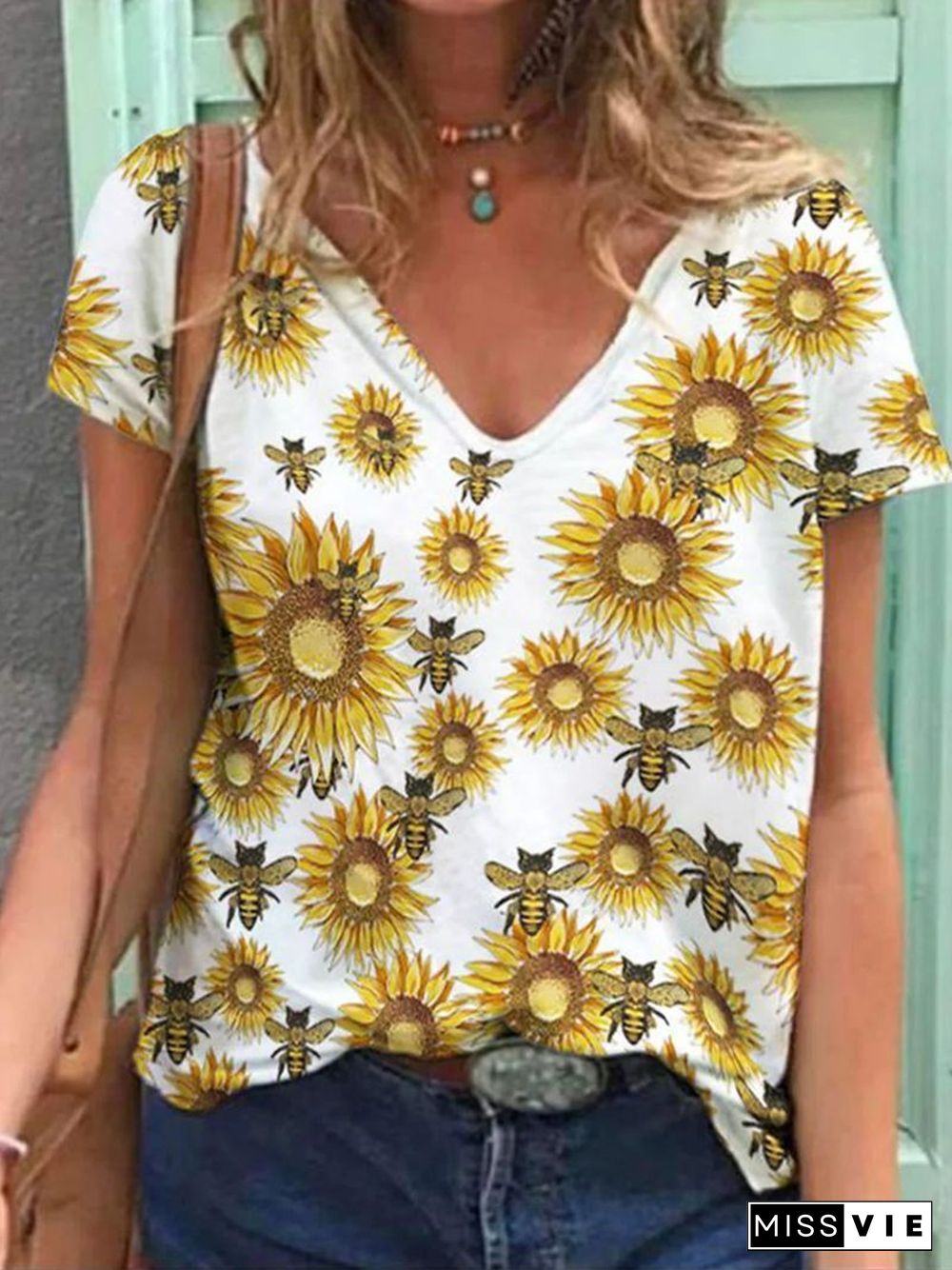 Women Short Sleeve V-neck Floral Printed Top