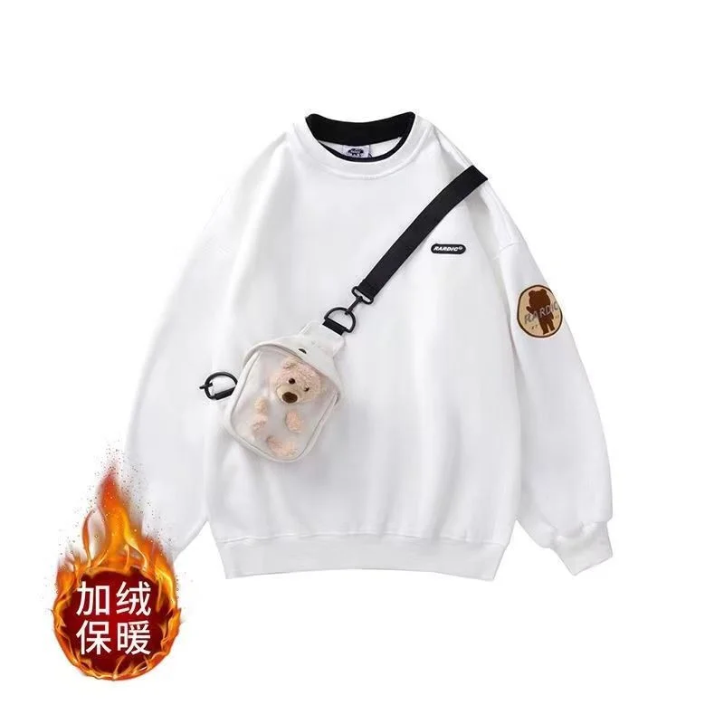 Harajuku Streetwears Embroidered Crew Neck Sweatshirts With Bear Bag Korean Fashion Cute Hoodies Autumn Winter Couples Clothes