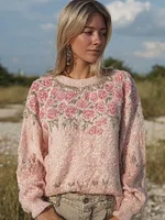 Vintage Boho Roses Pattern Round Neck Comfy Knit Sweater