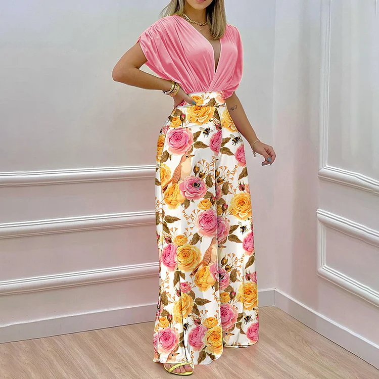 Fashion V Neck Printed Doll Sleeve Two Piece Set