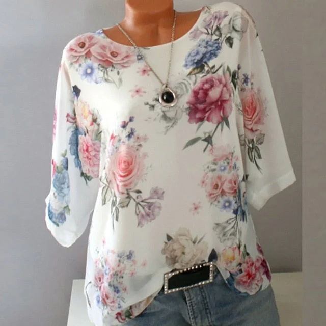 Summer Floral Print Women Blouse 5XL Plus Size Chiffon Blouses Half Sleeve Beach Shirt Office Work Shirts Blusas Feminina Tops