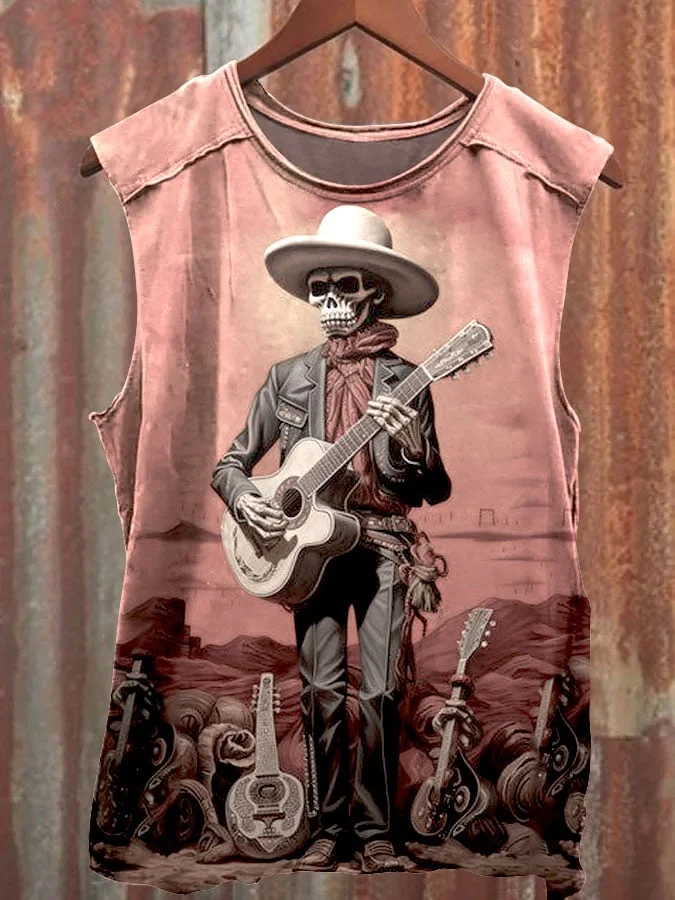 Unisex Vintage Skull Cowboy Art Print Casual Vest
