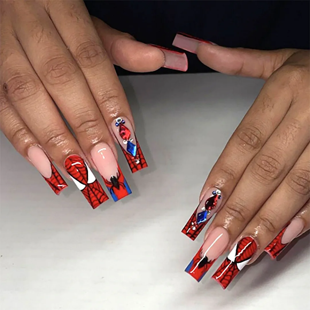 Cartoon Spider Web Print Long-length Press On Nails with Jelly Double Sided Nail Adhesives 24 pcs