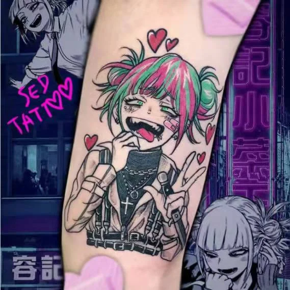 Sdrawing Temporary Tattoo Sticker Anime Cartoon Cute Pink Hair Girl Flower Necklace Fake Tatto Flash Tatoo Art for Women Men