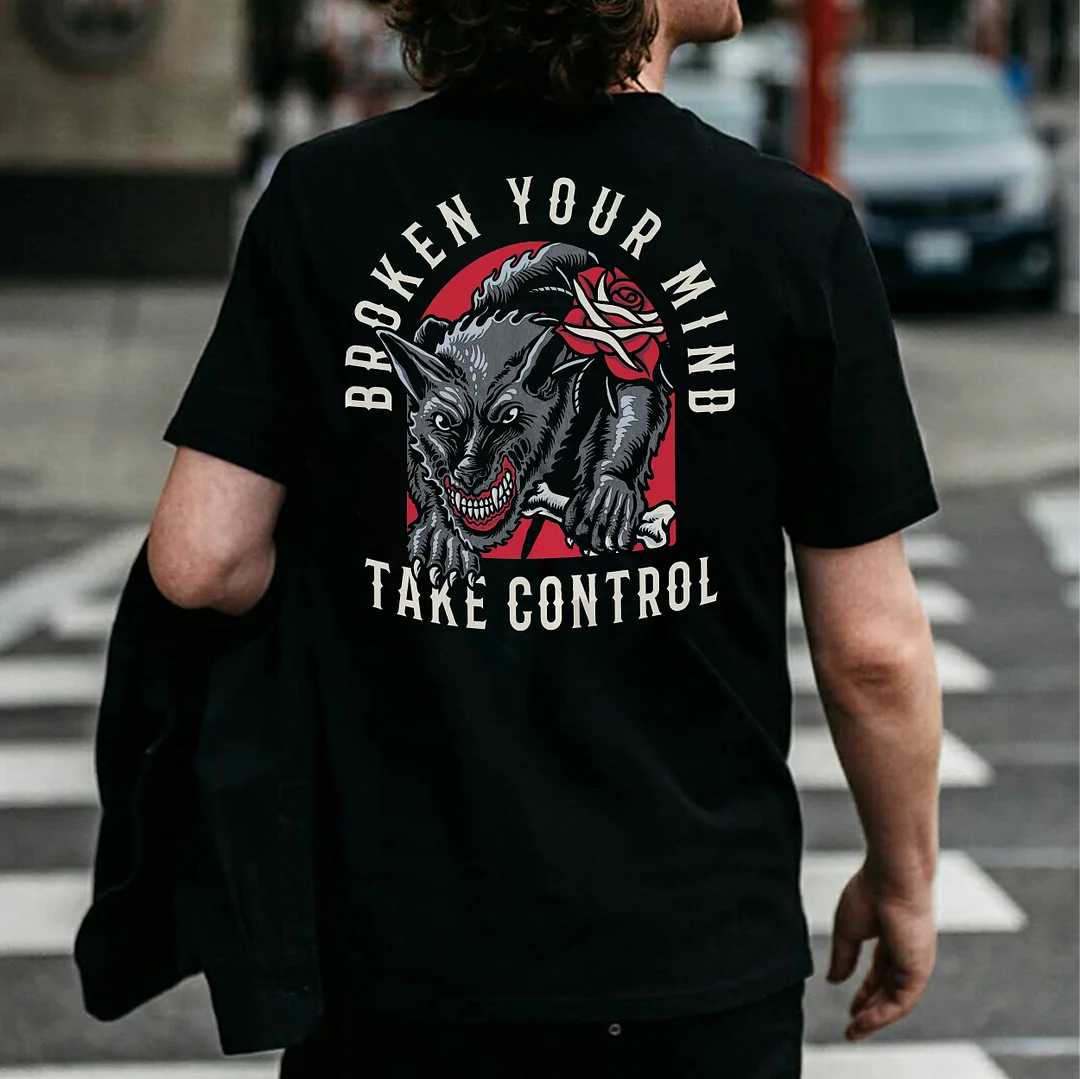 BROKEN YOUR MIND TAKE CONTROL Evil Wolf Print Men's T-shirt