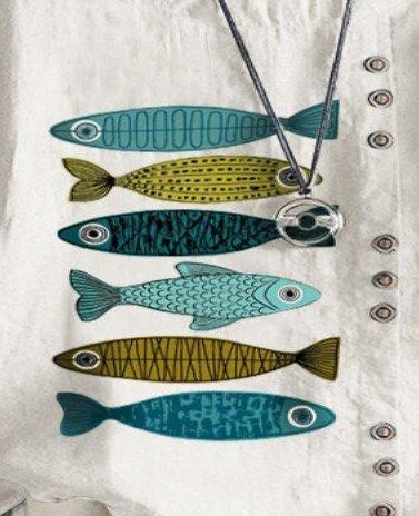 Fish Print  Cotton Short Sleeve Crew Neck Shirts & Tops