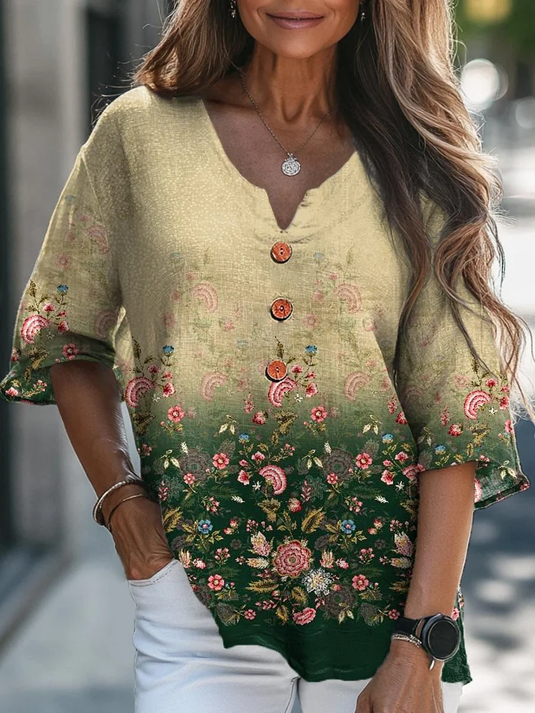 Women's Vintage Lovely Floral Art Print Casual Cotton Linen V-neck Shirt