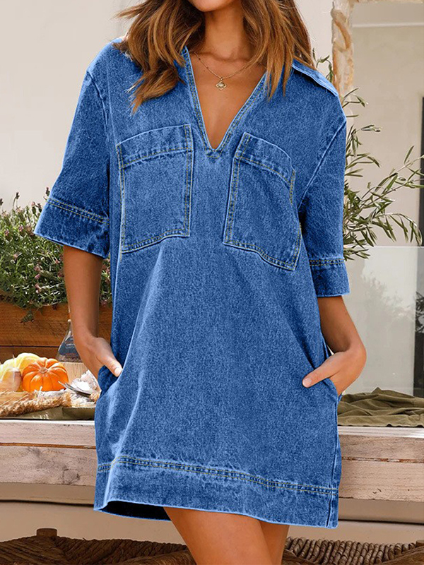 Short Sleeve V Neck Front Pockets Loose Denim MIni Dress