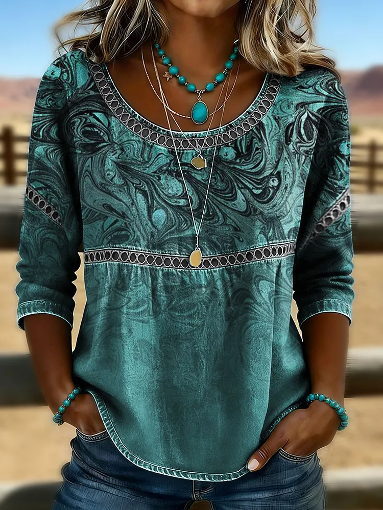 Women's Vintage Floral Print Casual 3/4 Sleeves Hollow Denim Shirt