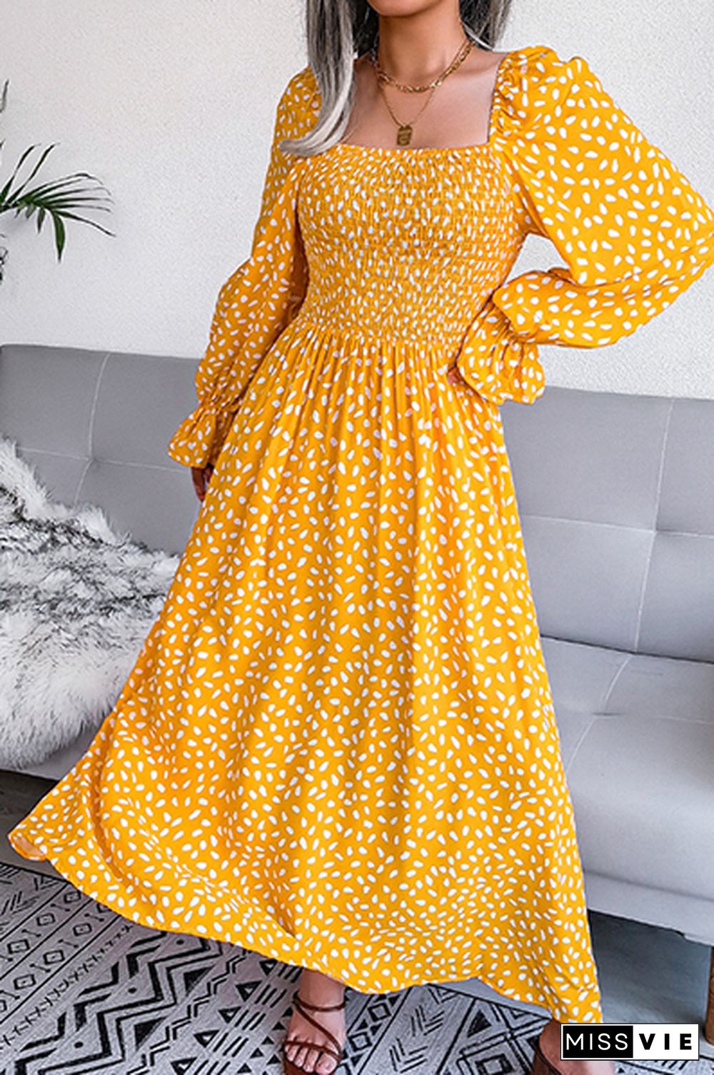 Elegant Print Flounce Fold Square Collar Dresses