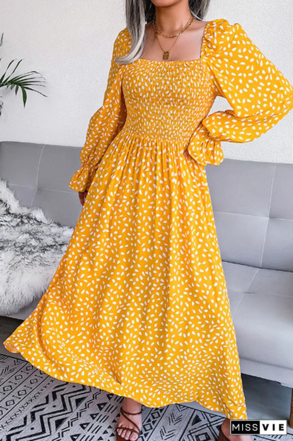 Elegant Print Flounce Fold Square Collar Dresses