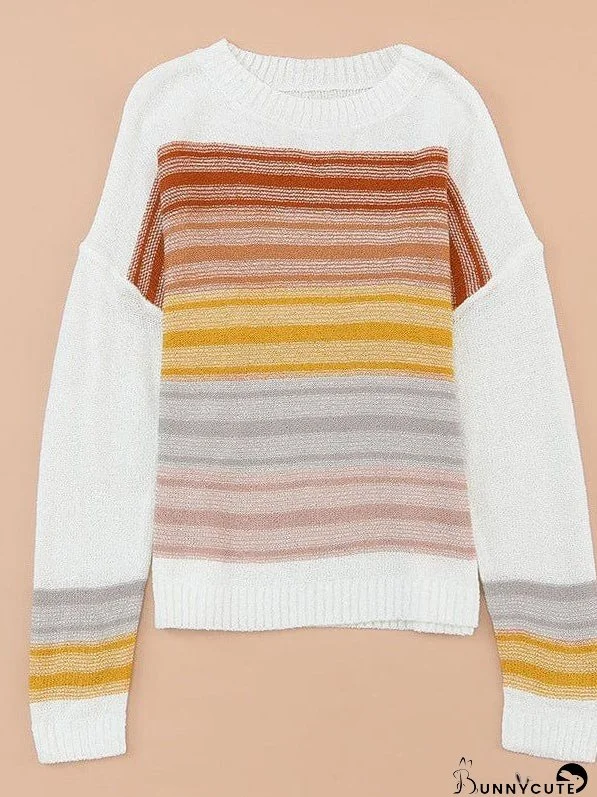 Colorful Striped Knitted Sweater With Rainbow Print For Women