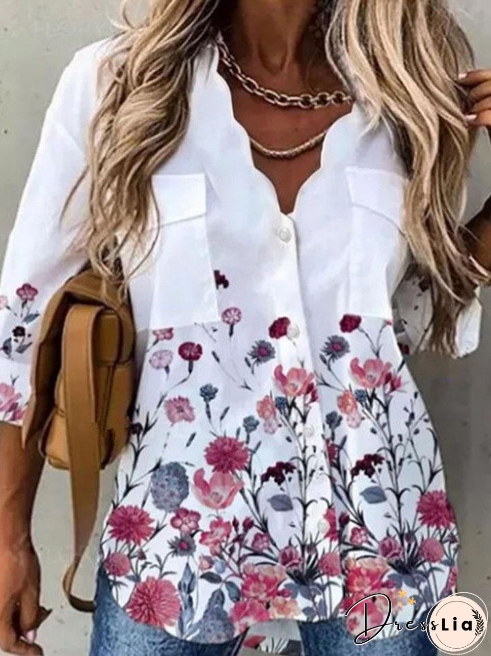 V Neck Flower Printed Shirt With Pockets