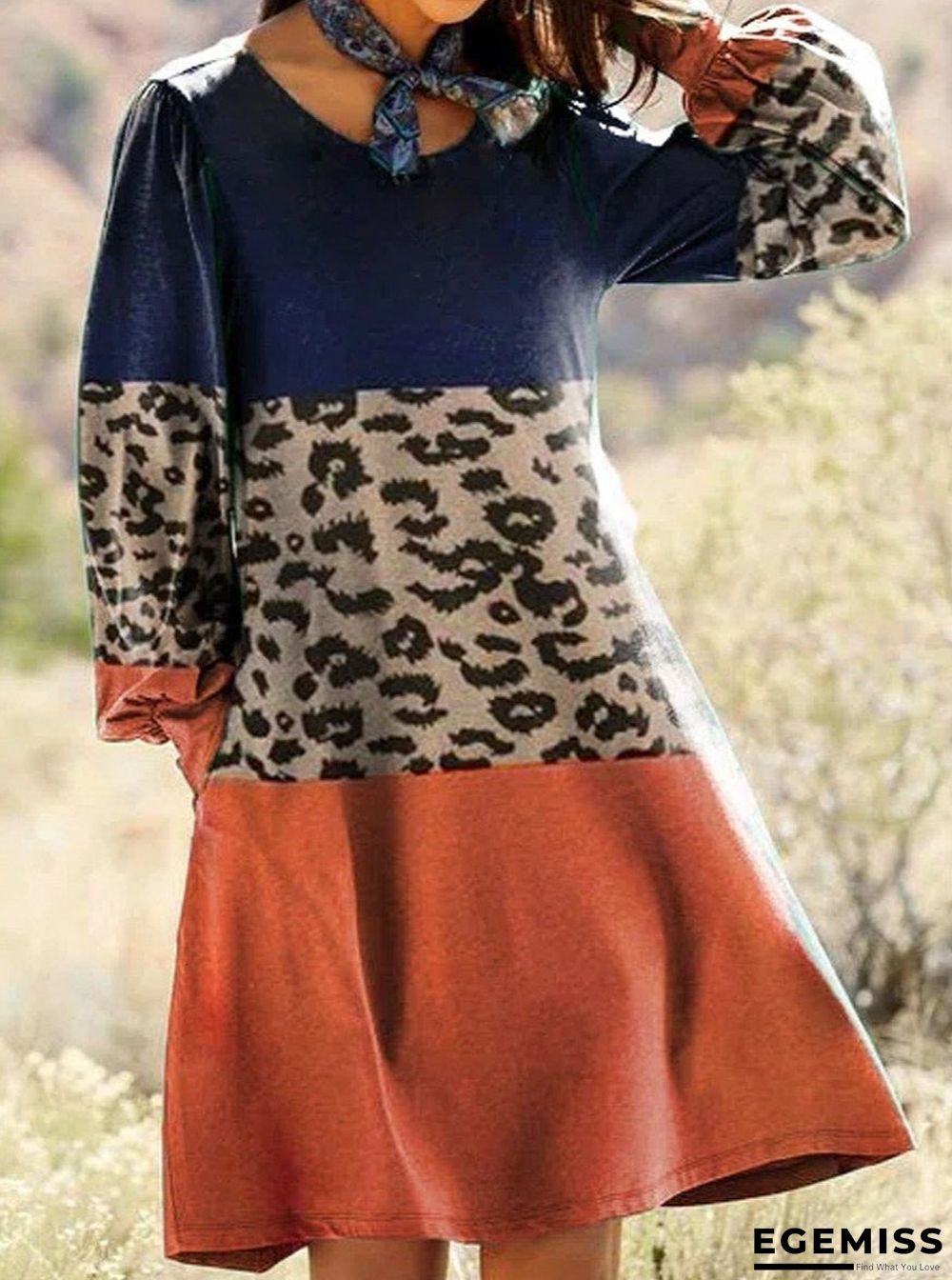 Casual Leopard Print Crew Long Sleeves Shift Dress | EGEMISS