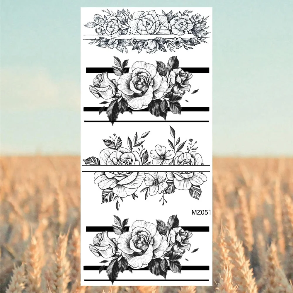 Black Lotus Pendant Temporary Tattoos For Women Adult Rose Flower Jewelry Fake Tattoo Fashion Calf Waterproof Half Sleeve Tatoos