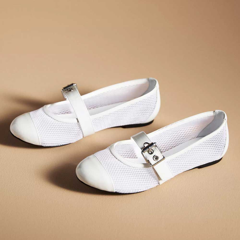 Women's White Mesh Buckle Fastening Studded Strap Comfy Ballet Flats  Nicepairs