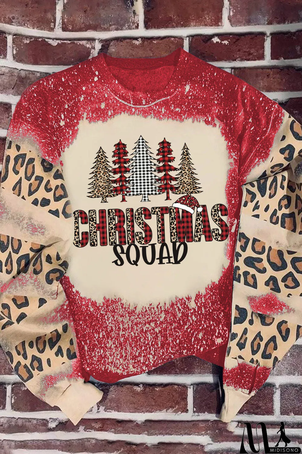 MidiSono - Red Christmas Tree Leopard Bleached Print Pullover Sweatshirt