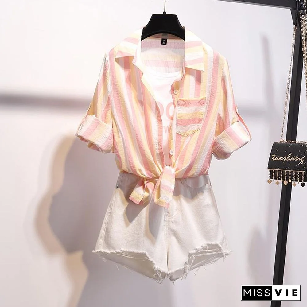 Stripe Blouse+Hole Denim Shorts P15521