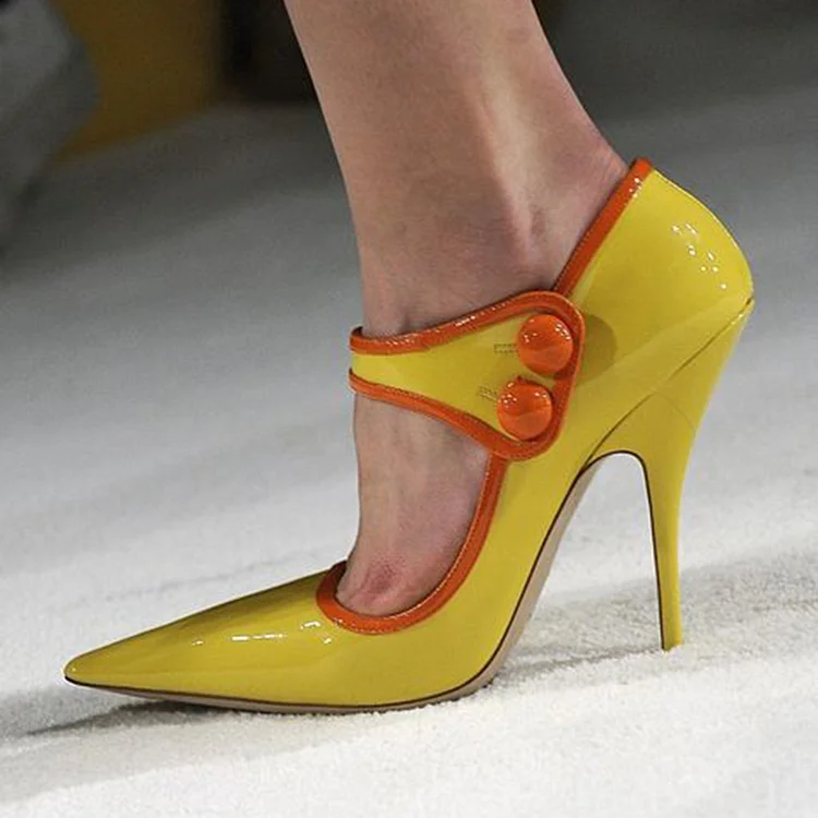 Yellow Patent Leather Pointed Toe Buttoned High Heel Mary Jane Pumps Vdcoo