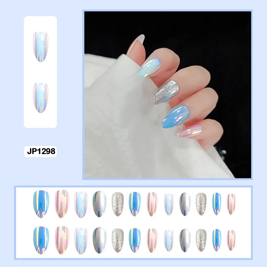 Mermaid Color Auroral Color Shell Fairy Fake Nail Art Wearable False Nails With Glue And Sticker 24pcs/box-Nail Inspo