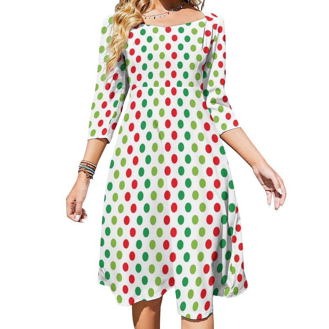 Holiday Polka Dots Dress Sweetheart Tie Back Flared 3/4 Sleeve Midi Dresses