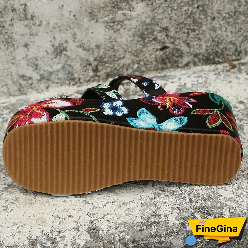 Women Floral Embroidery Hollow out Wide Strap Wedge Slippers Shoes