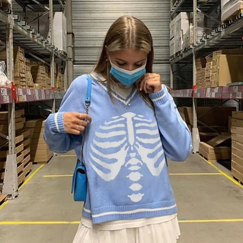 HEYounGIRL Skull Print V Neck  Oversized Sweater Harajuku Casual Loose Knitted Top Pullovers Korean Punk Ladies Jumper Winter