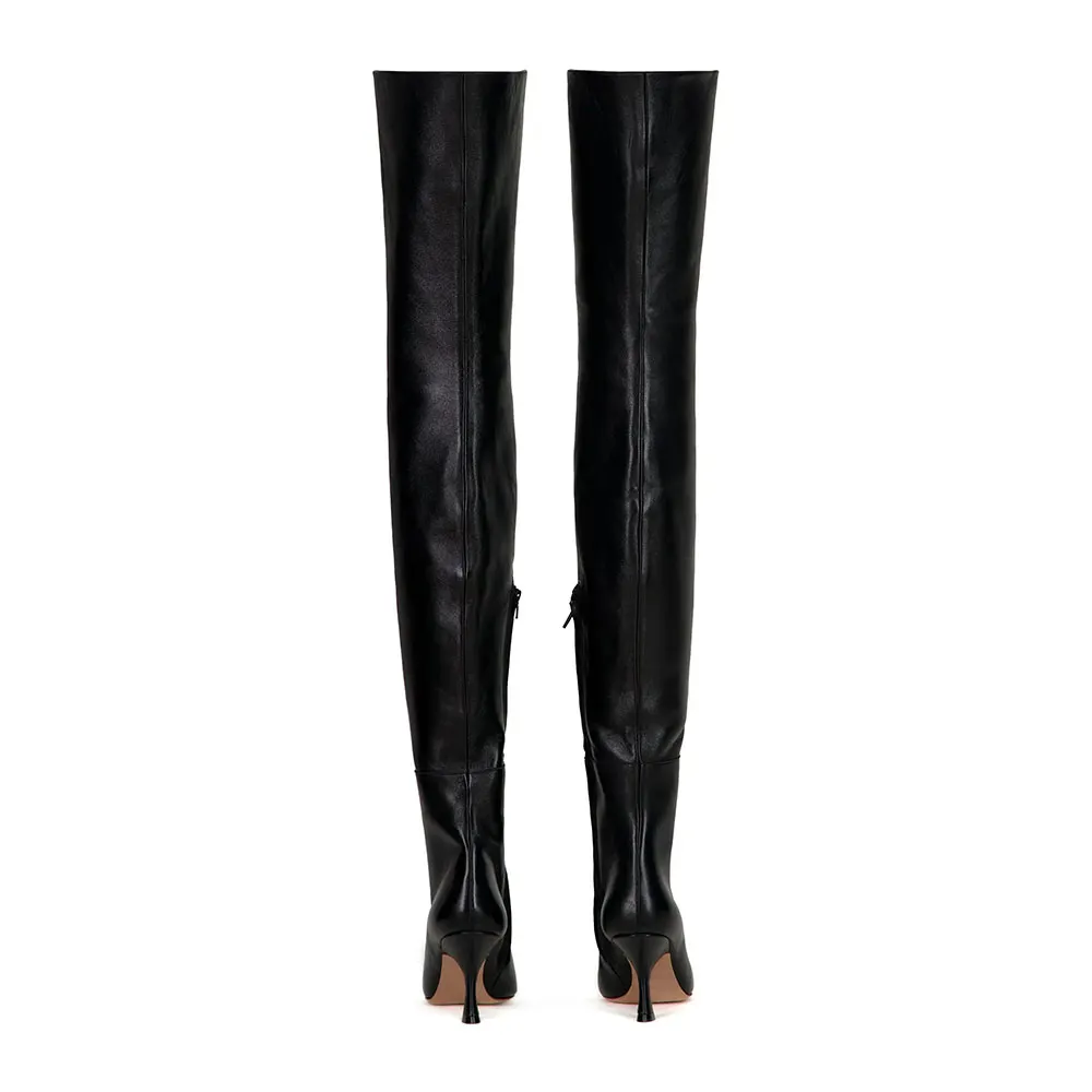 Women's Black Faux Leather Pointed Toe Side Zipper Thigh High Boots