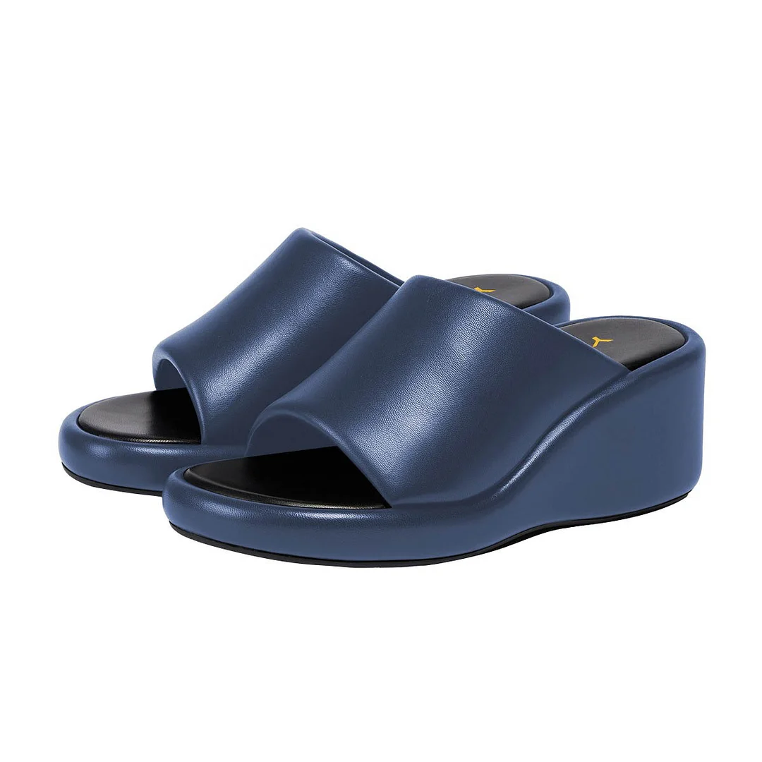 Navy Vegan Leather Open Round Toe Wedge Heel Mules Sandals