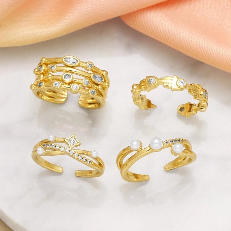 Copper 18K Gold Plated Plating Inlay Irregular Pearl Zircon Open Rings