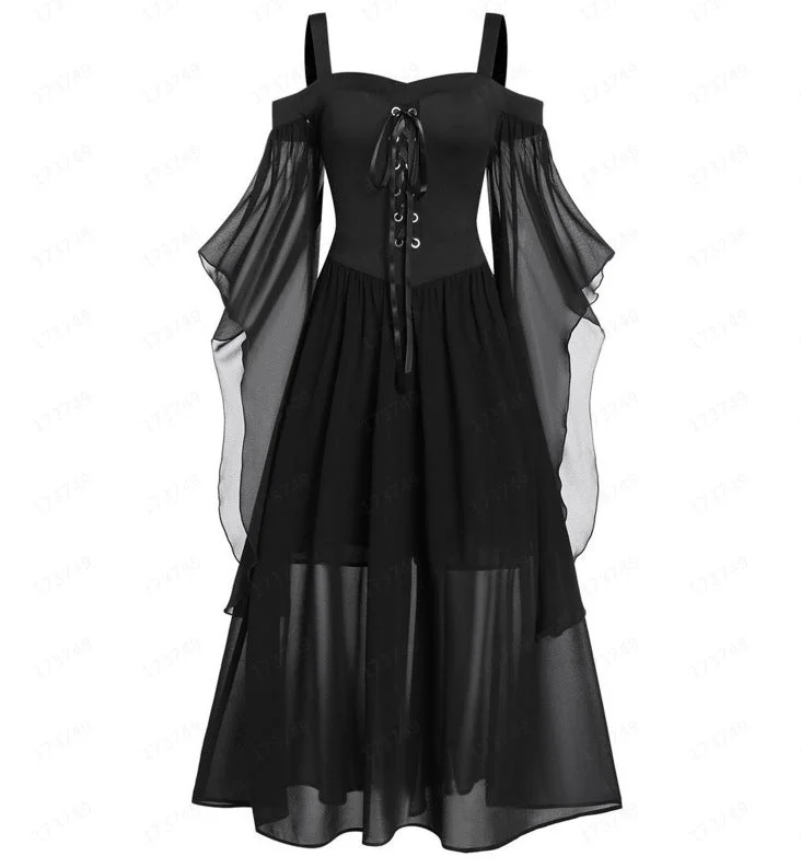 Women Halloween Lace Up Cold Shoulder Sleeve Dress Costumes Dress