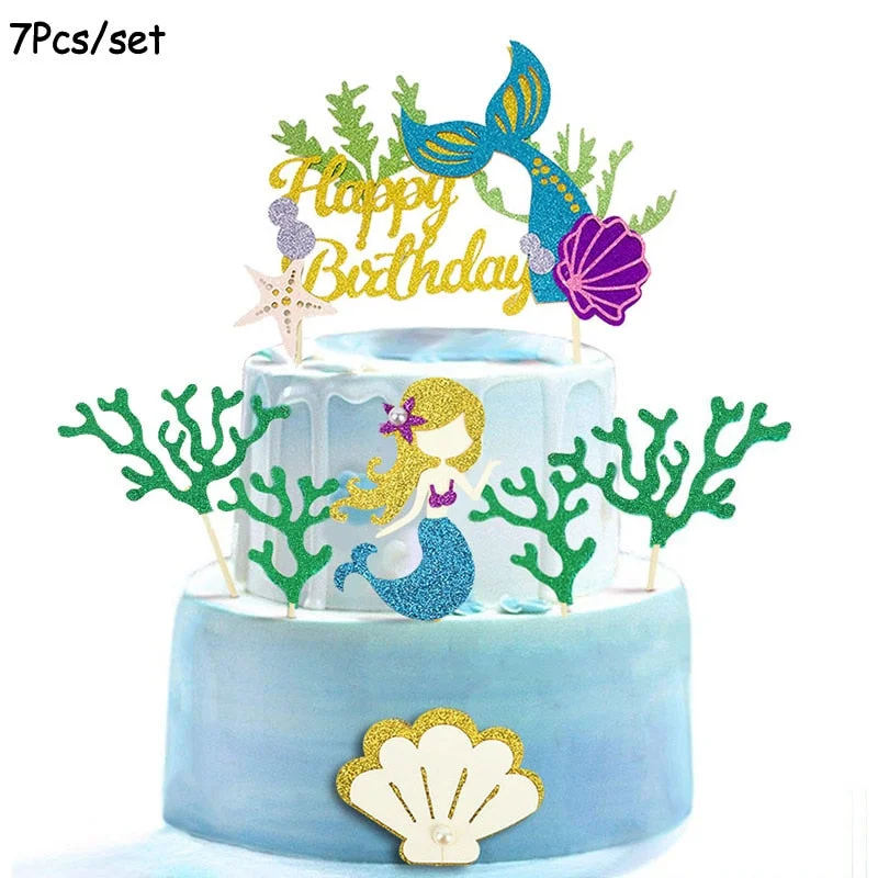 1Set Mermaid Party Happy Birthday Cake Topper Cupcake Toppers Girl Baby Shower Little Mermaid Theme Birthday Party Decorations