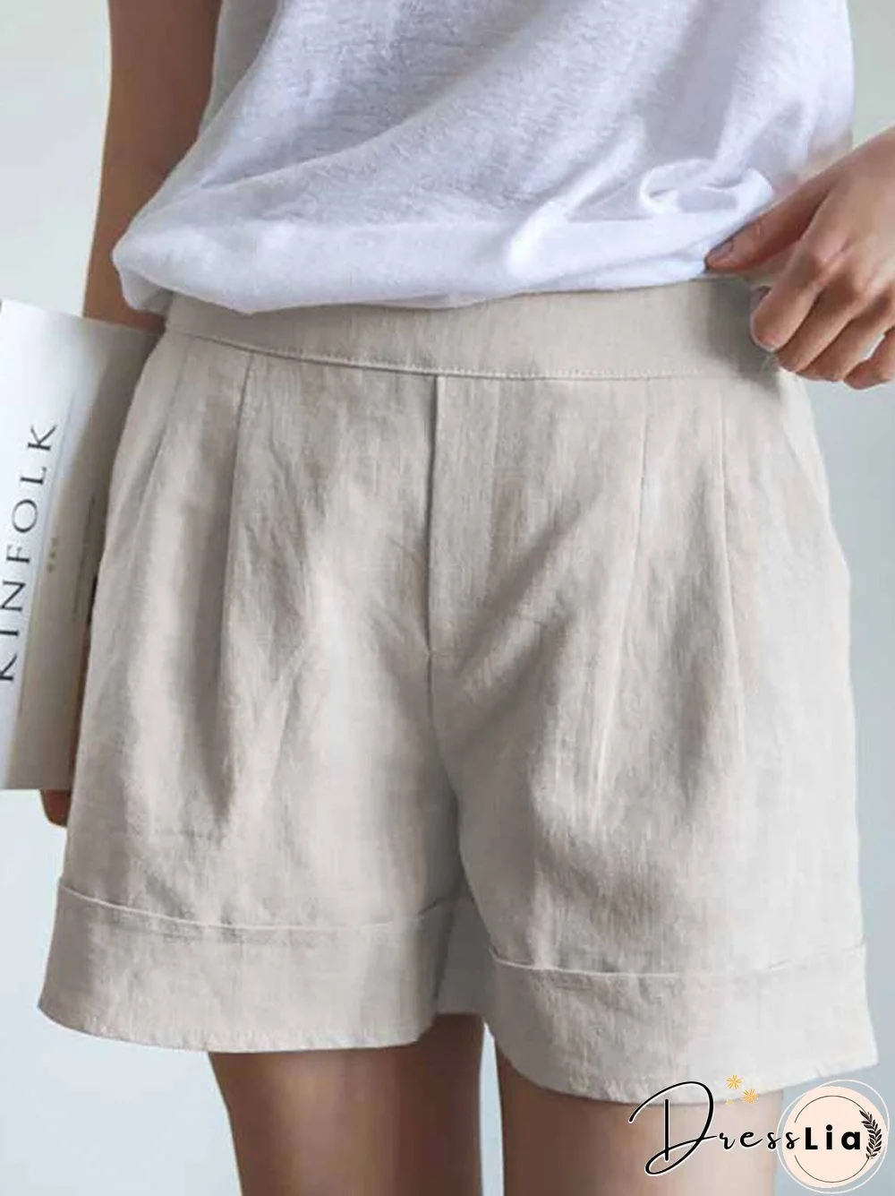 Solid Elastic Waist Pocket Casual Shorts For Women