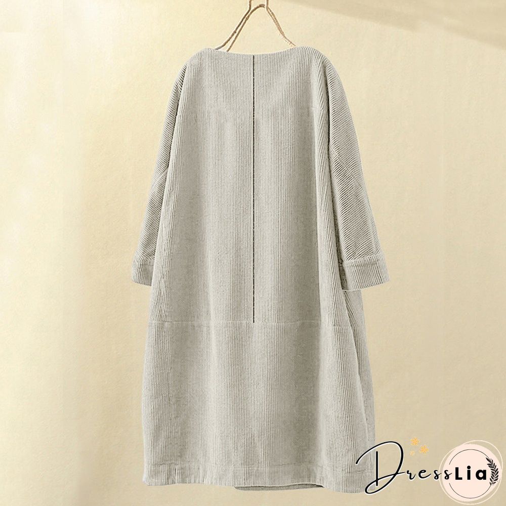 Pleated Long Sleeve Casual Solid Casualdress Linen