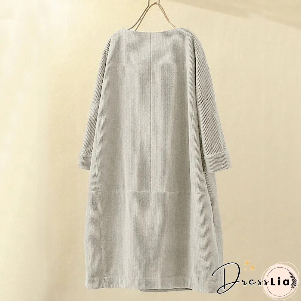 Pleated Long Sleeve Casual Solid Casualdress Linen