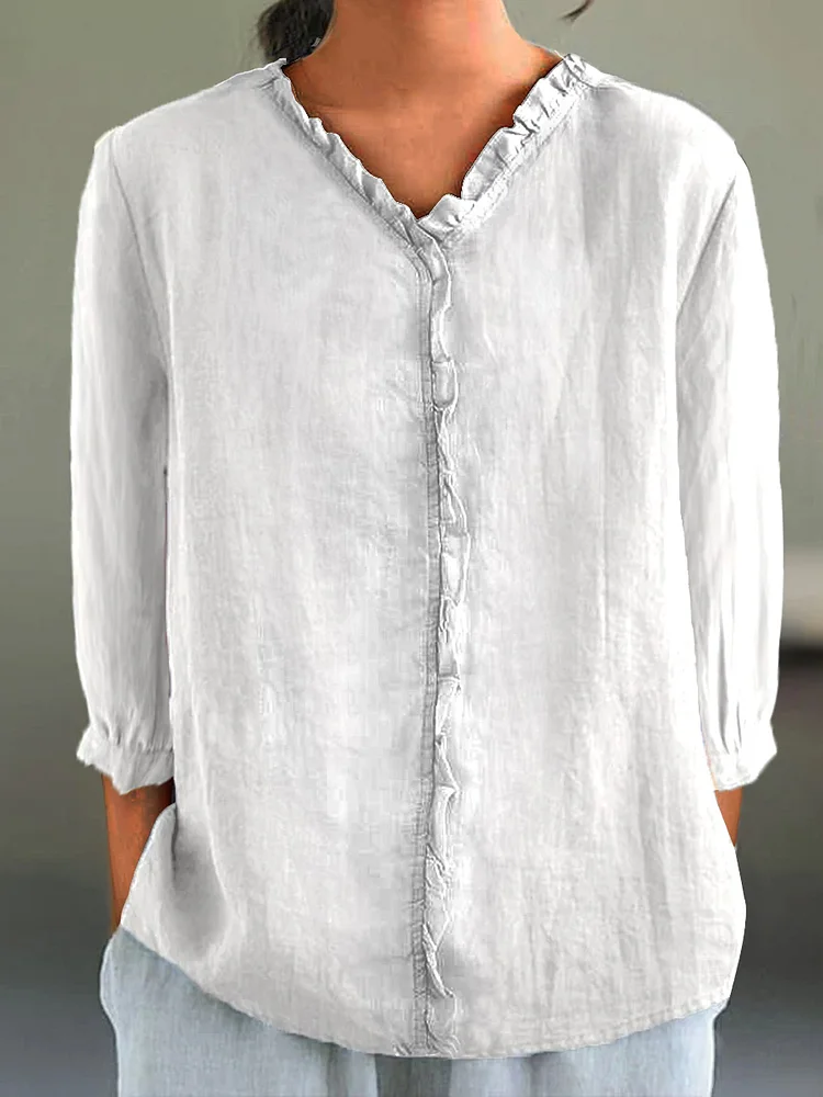 Women's Casual Cotton And Linen Ruffle Collar 3/4 Sleeve Shirt socialshop