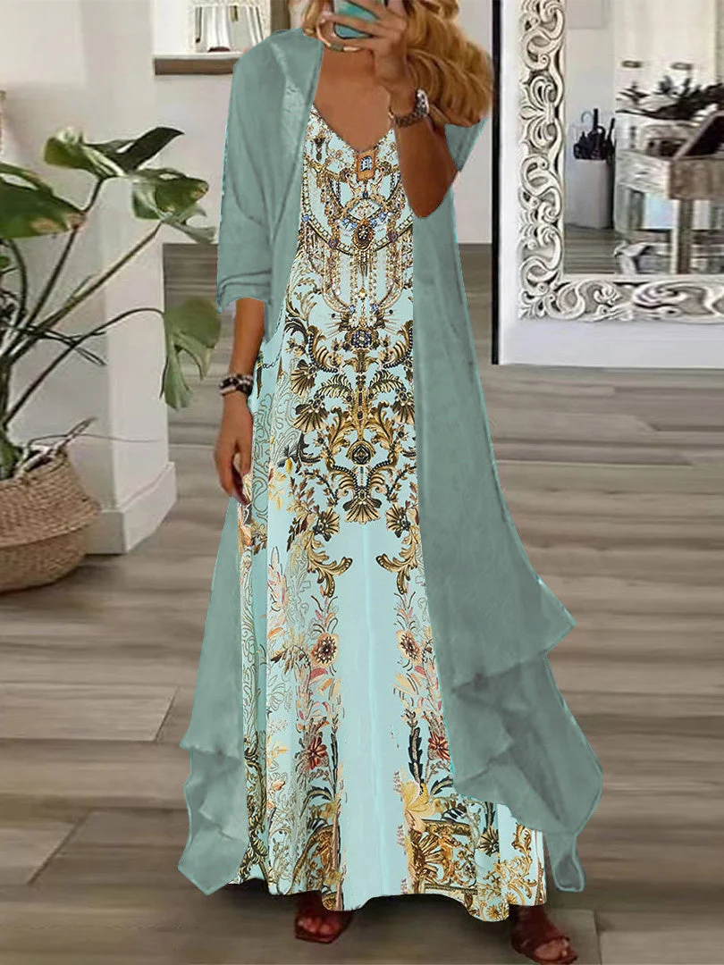 Women Half Sleeve V-neck Graphic Printed Two-Piece Maxi Dress-Petite Size Available
