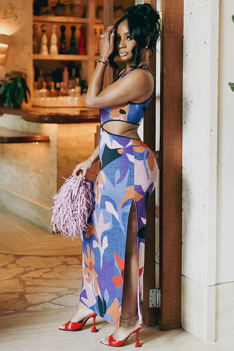 vacation maxi dresses for women All Over Print Cut Out Slim Fit Vacation Maxi Dresses-Multicolor [Pre Order]
