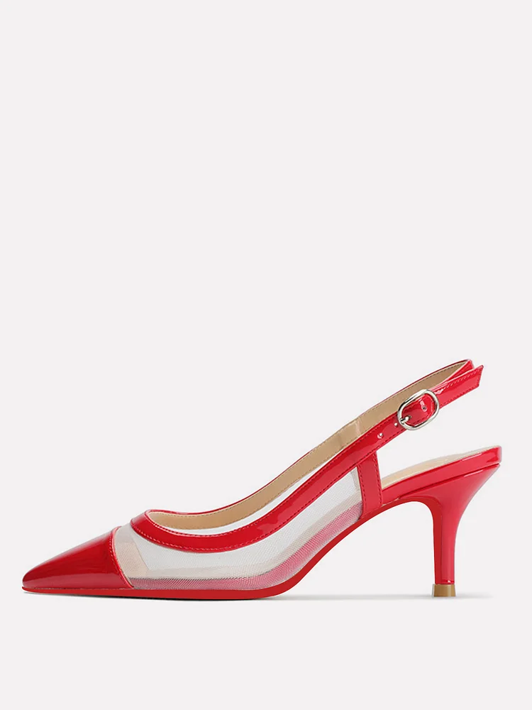 65mm Women's Pointed Toe Slingback Kitten Heel Red Bottom Pumps Muslin Comfortable Dress Patent  Shoes