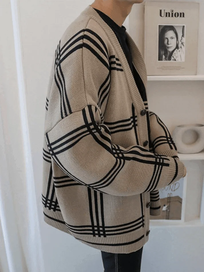 Brownm Men's V Neck Checkered Cardigan