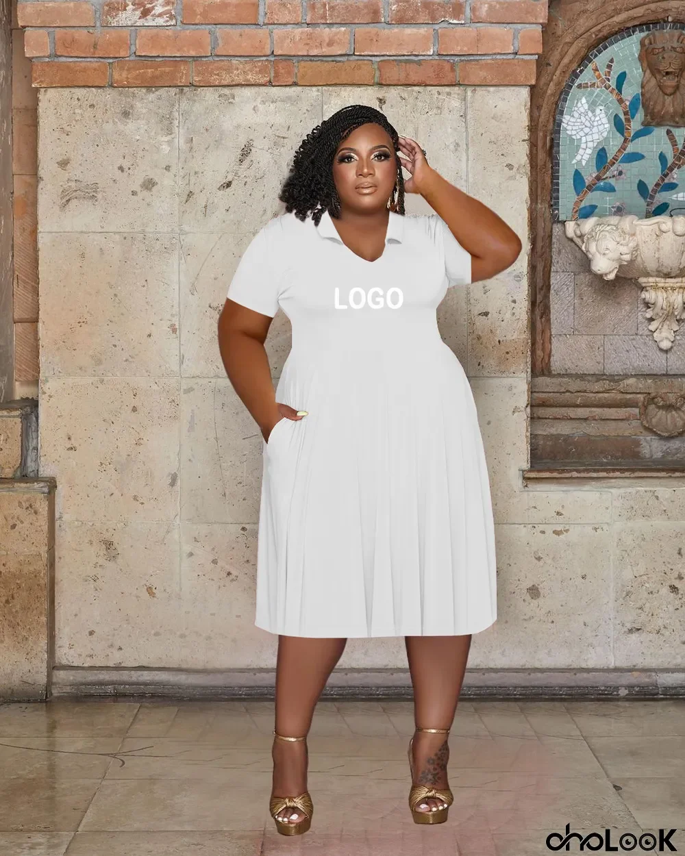 Casual Fashion Turndown Collar Short Sleeve Solid Plus Size Women's Midi Dress