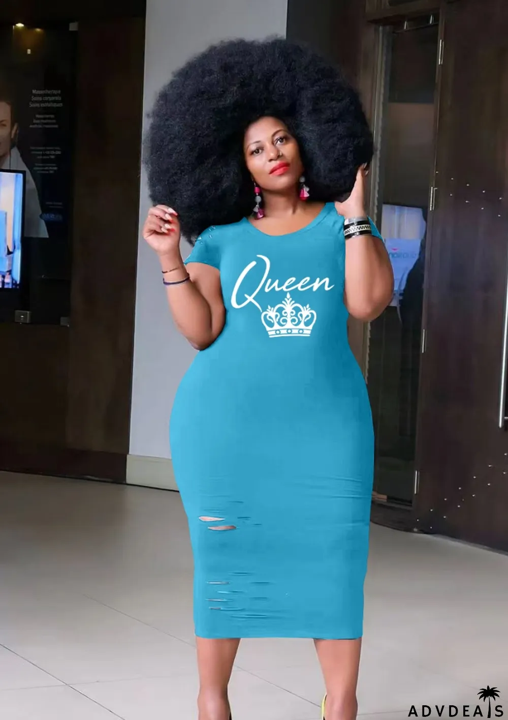 Women Summer Blue Casual O-Neck Short Sleeves Letter Print Midi Pencil Plus Size Shirt Dress