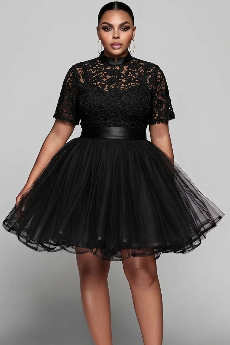 Xpluswear Design Plus Size Party Tulle Black Mandarin Collar Short Sleeve See Through Contrast Lace Mini Dresses 2024 - Xpluswear